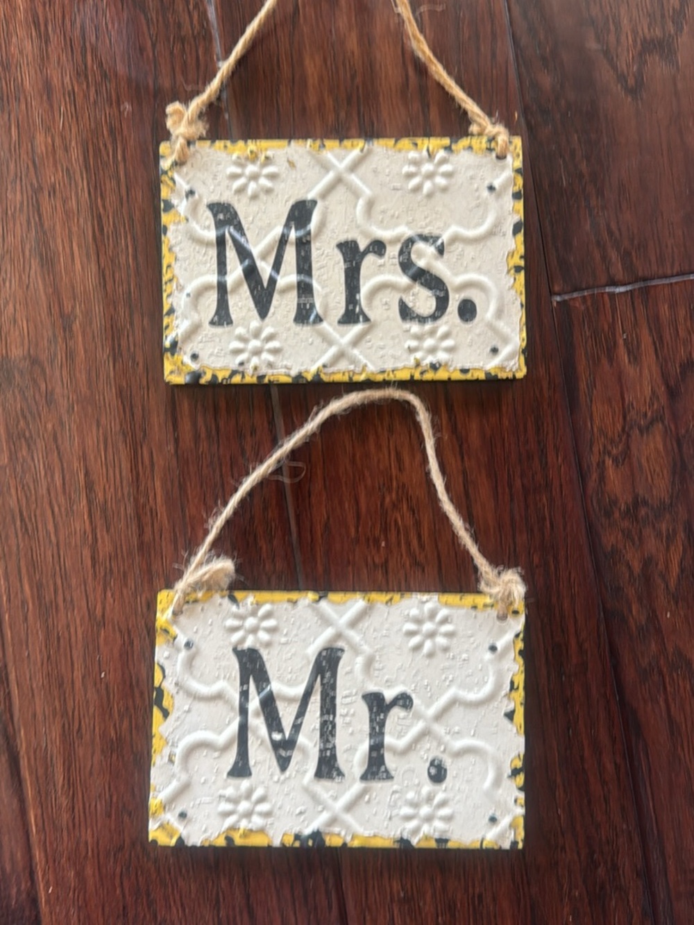 Creative co-op Mrs. & Mr. Rustic Hanging Signs - White and Yellow metal